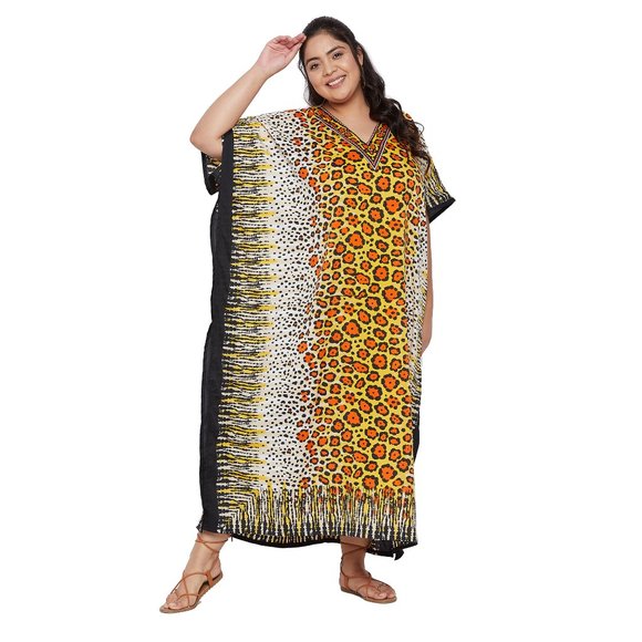 Gypsie Blu Leopard Print Yellow Caftan Maxi Dress with Kimono Sleeve Loungewear - Picture 1 of 8